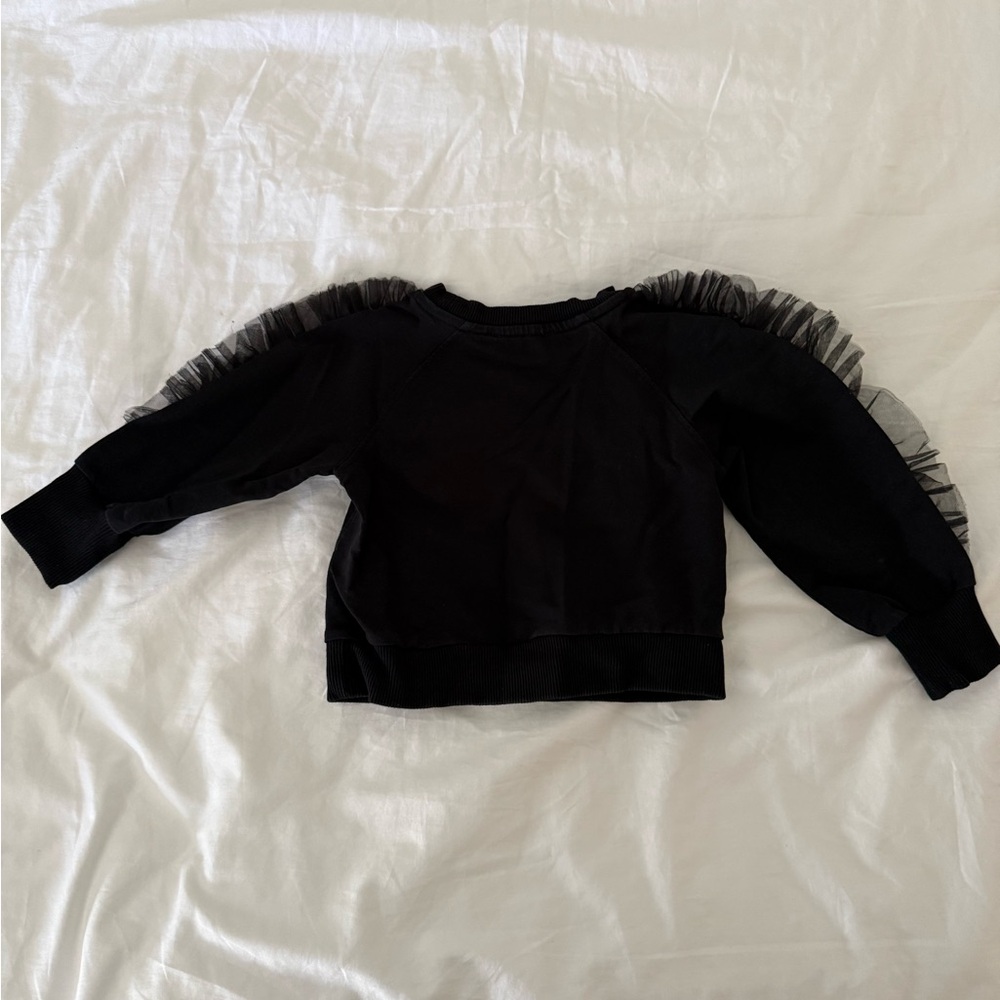 MonnaLisa Black Girls' Heart Graphic Sweatshirt with Tulle Shoulders - Picture 2 of 3